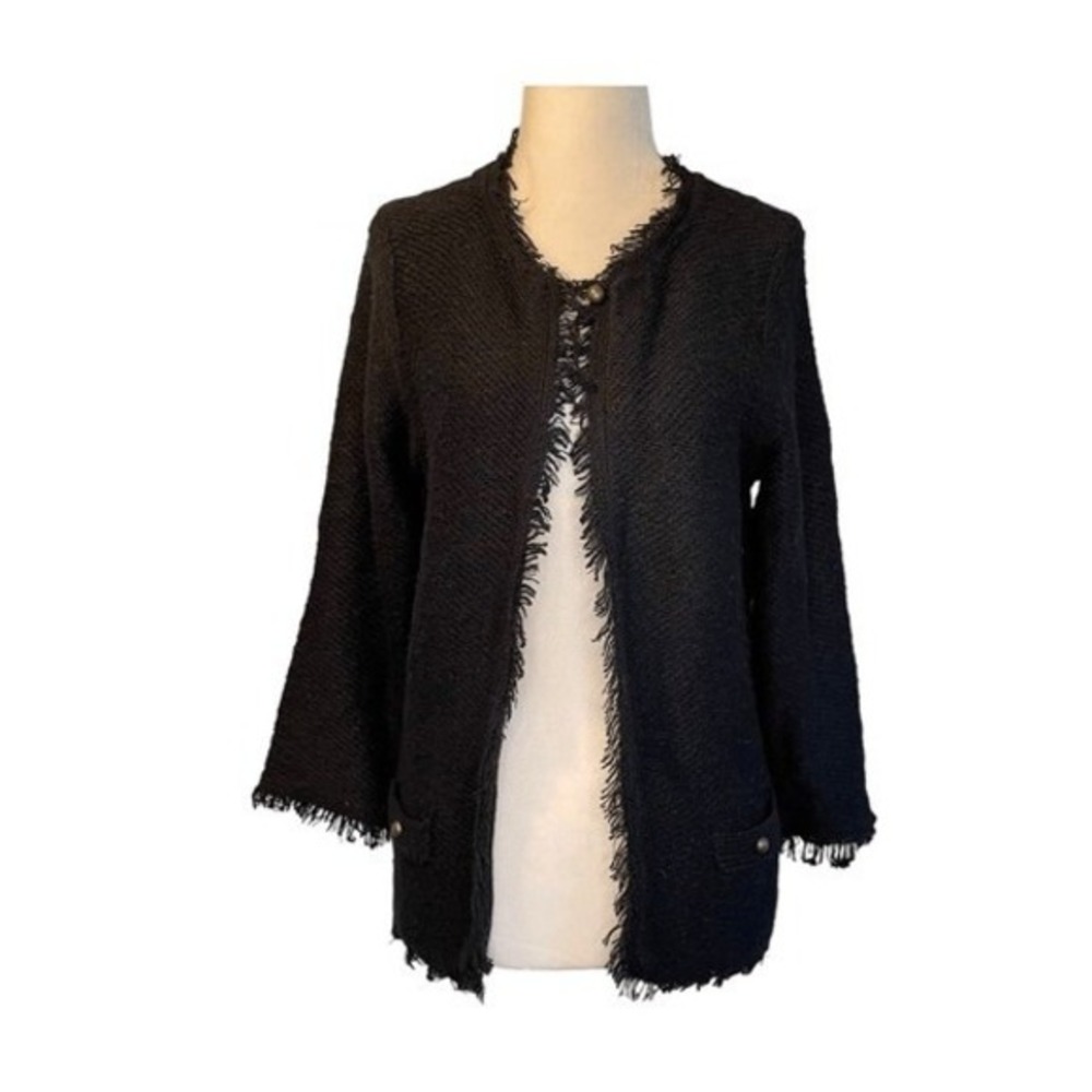 Y2K Fashion Avenue‎ Tweed Blazer Cardigan Sweater Black Knit Frayed Trim S